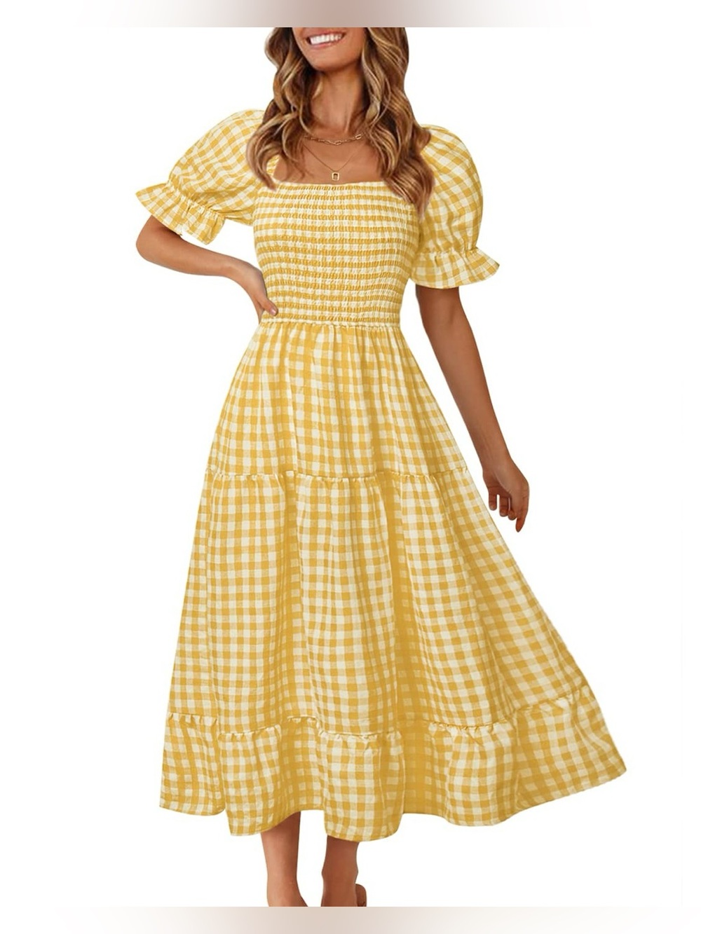 MEROKEETY PLAID SQUARE NECK PUFF SLEEVE MIDI DRESS
